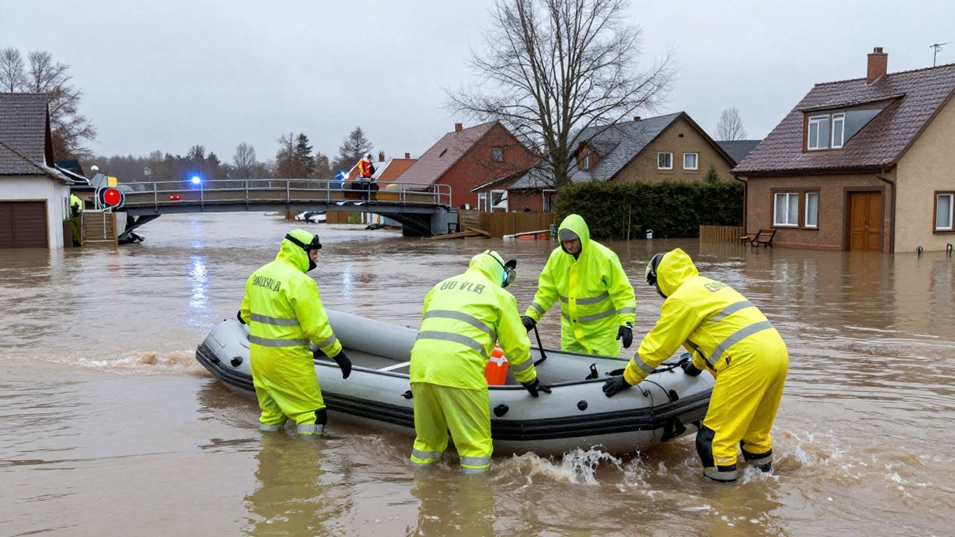 Rescue crews working beside flooded homes