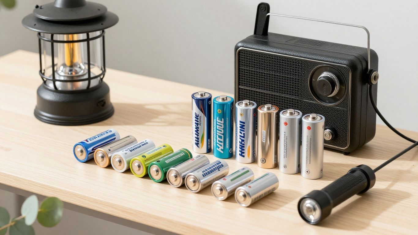 D batteries arranged beside a camping lantern