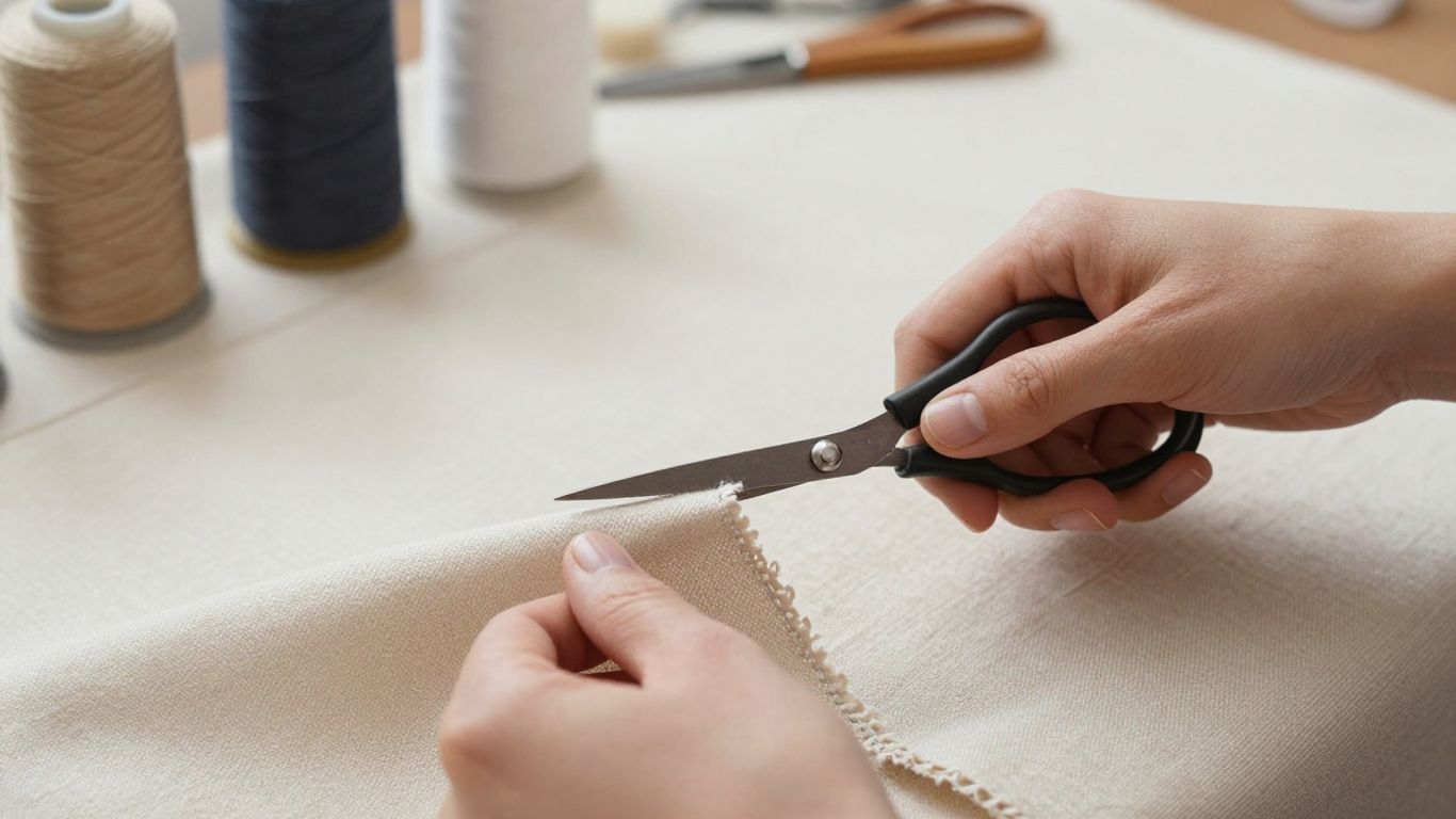 Hands cutting beige canvas fabric with scissors.