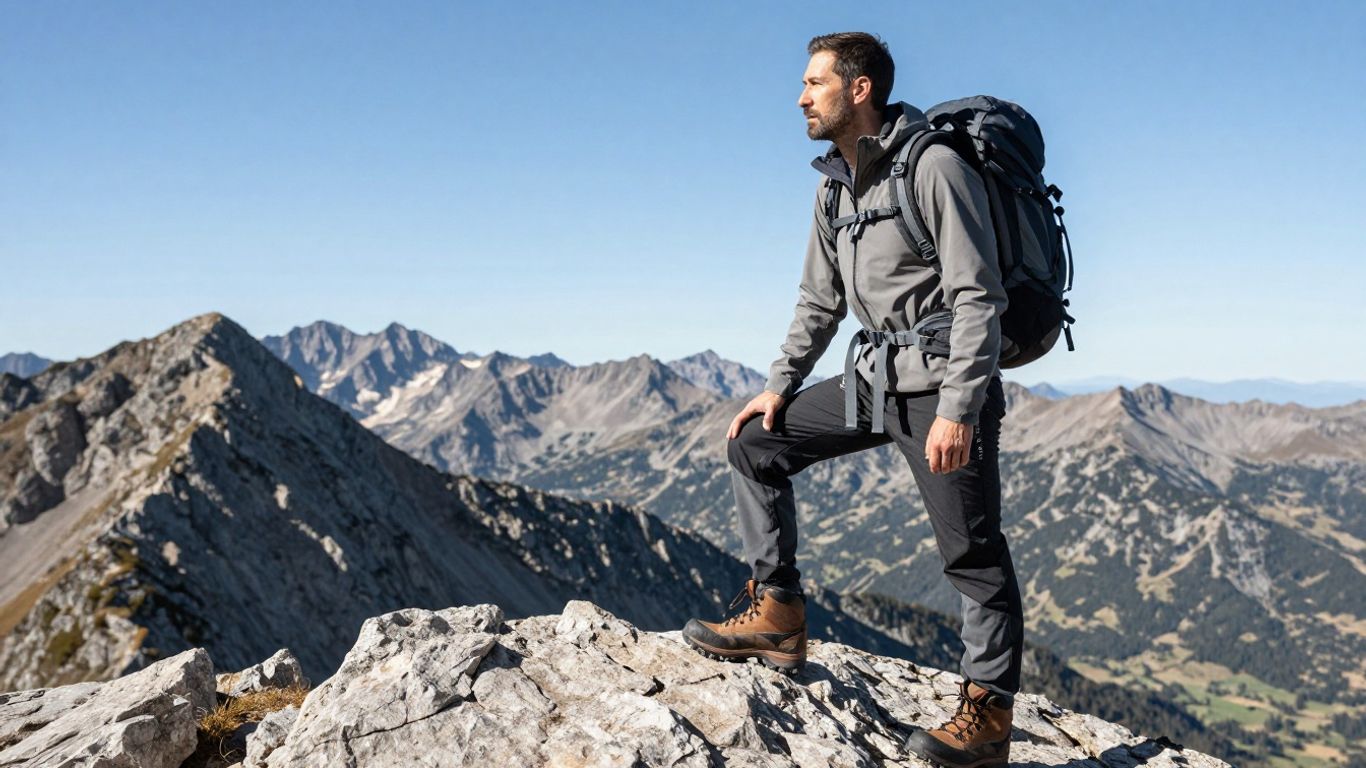 Hiker with Hi-Tec gear on mountain summit, adventure awaits.