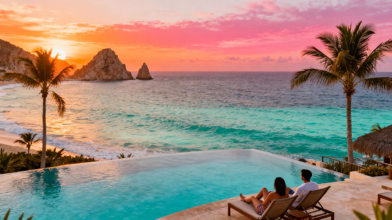 Couple enjoying a sunset by an infinity pool in Cabo.