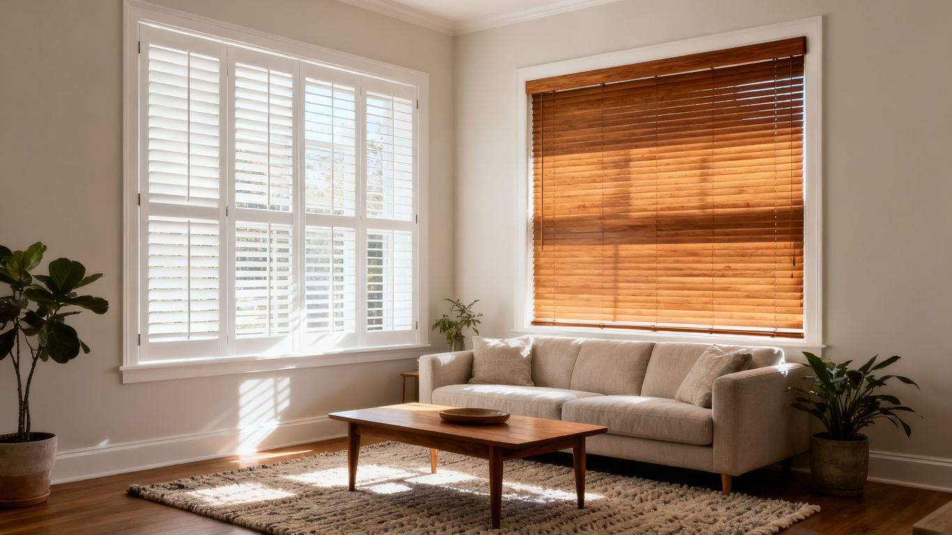 Shutters and blinds in bright living room
