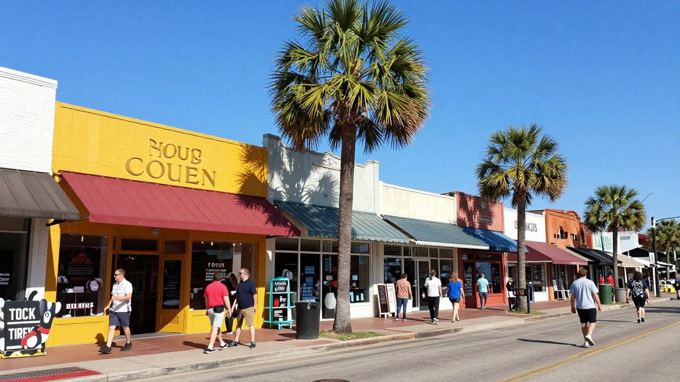 Colorful storefronts and people on South Congress Avenue, Austin.