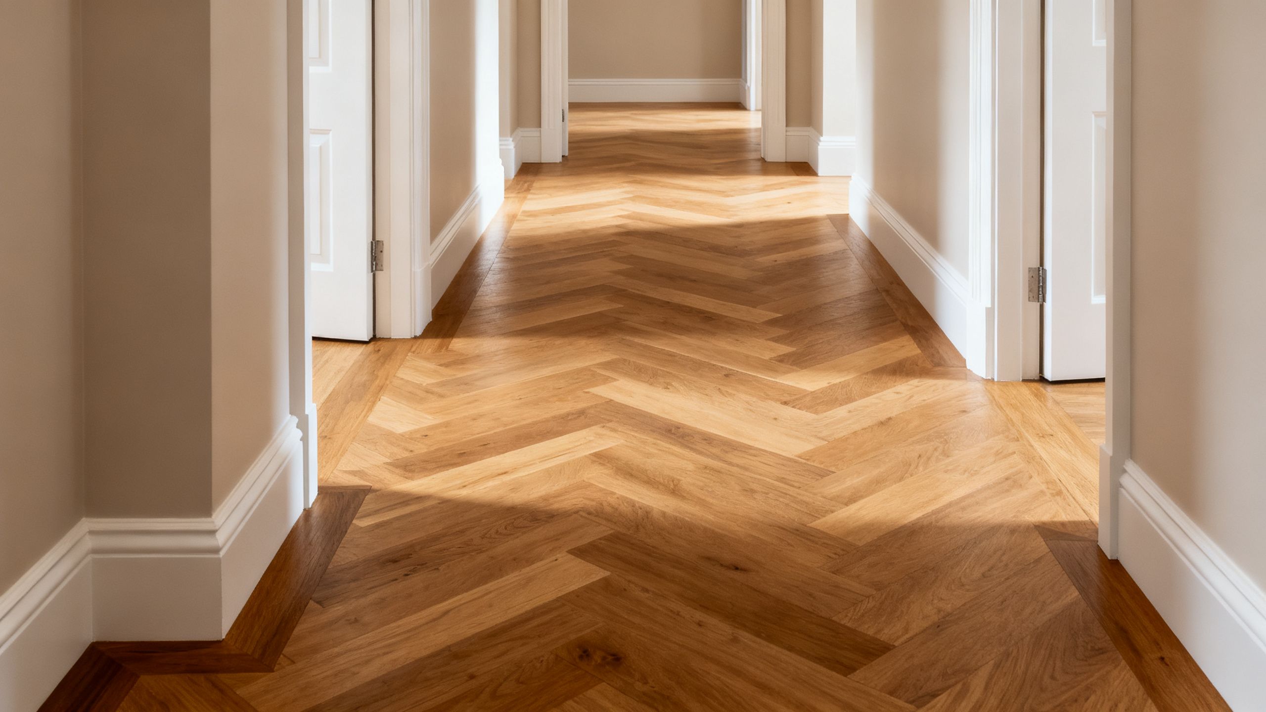 A finished Bristol hallway showing carefully matched flooring, neat trims and a clean transition between rooms