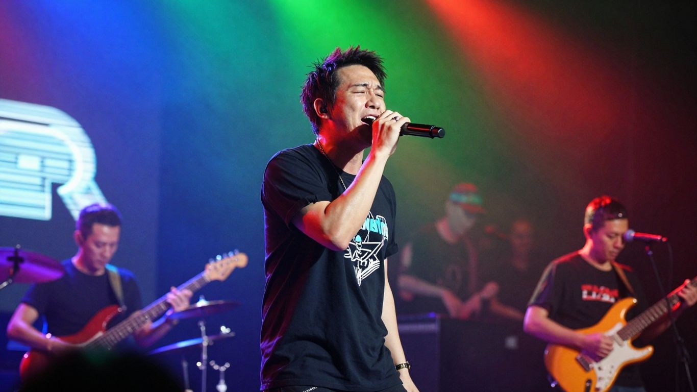 Musician performing on a colorful stage