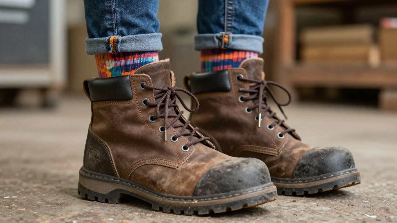 Woman's feet in work boots and colorful socks.