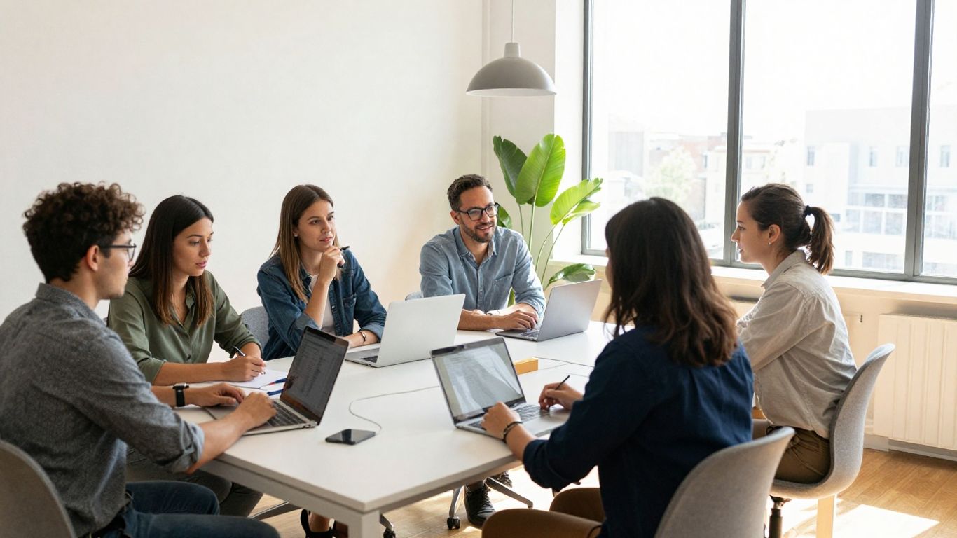 Team collaborating in a modern office space.
