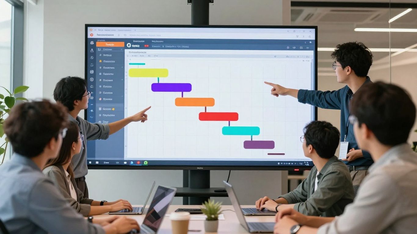 Modern office with Gantt chart on digital display.