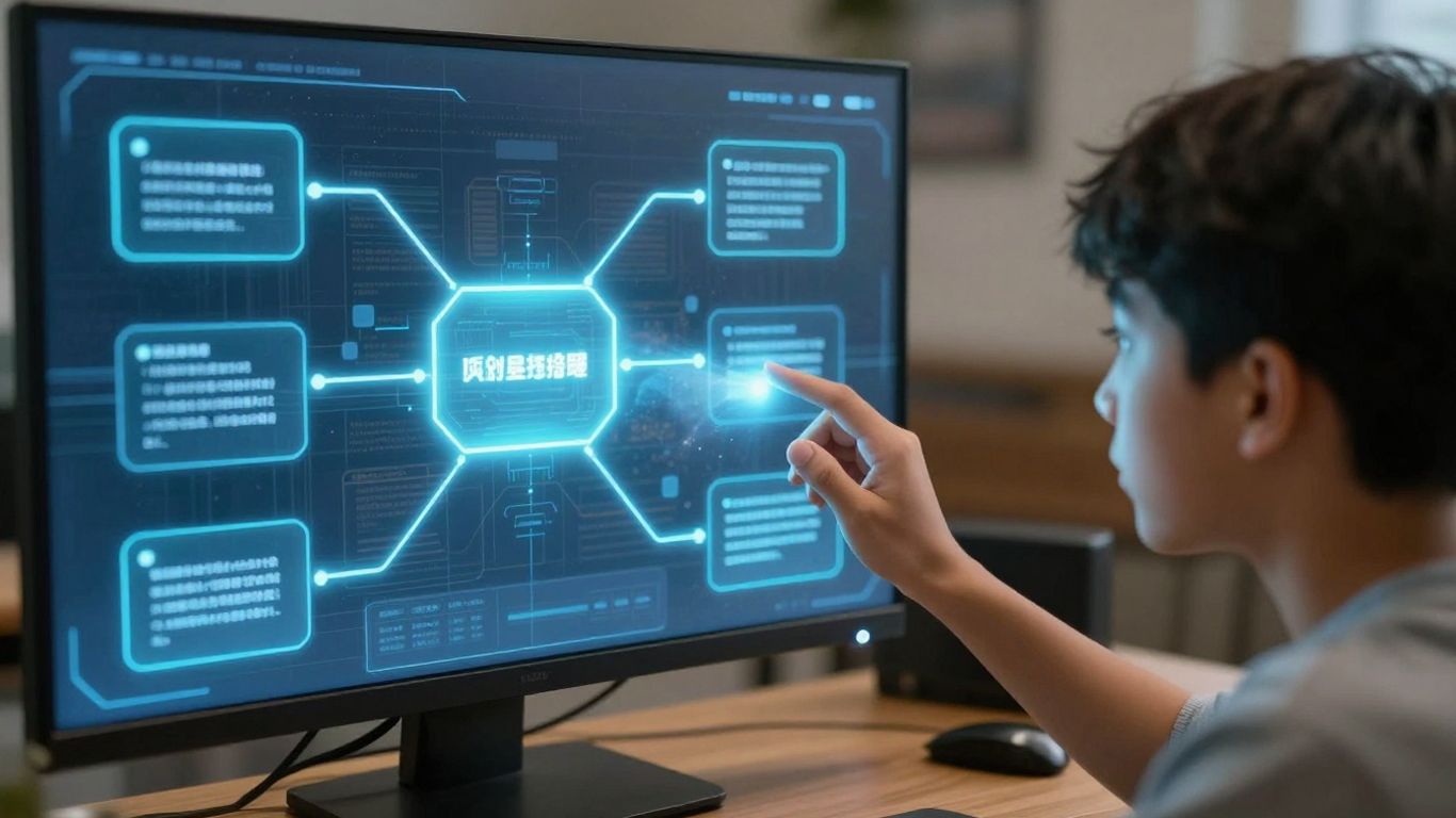 Student using a futuristic holographic adaptive learning system.