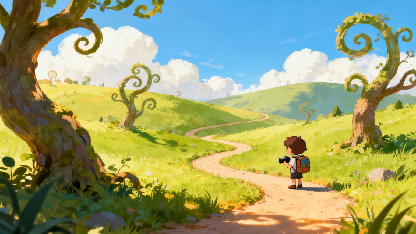 Cozy camera adventure game character in a sunny landscape.