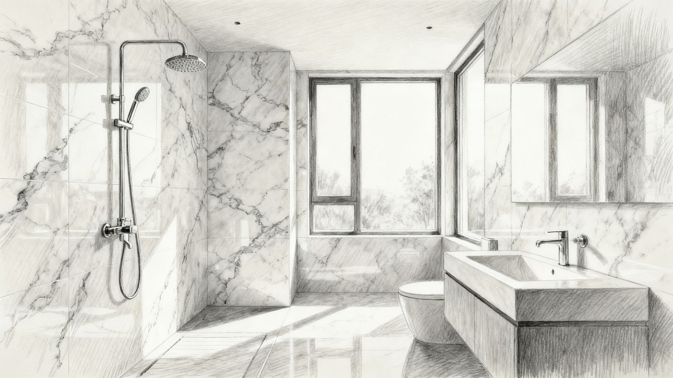 Natural stone marble tiles in a bright shower