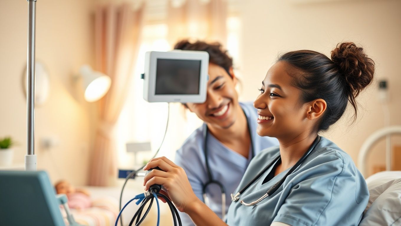 A warm, realistic photo of a professional pediatric home care nurse smiling while adjusting medical equipment in a child's cozy, light-filled bedroom.