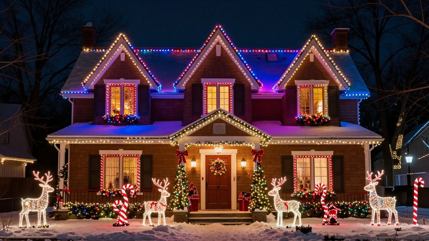 Belleville house decorated with Christmas lights.