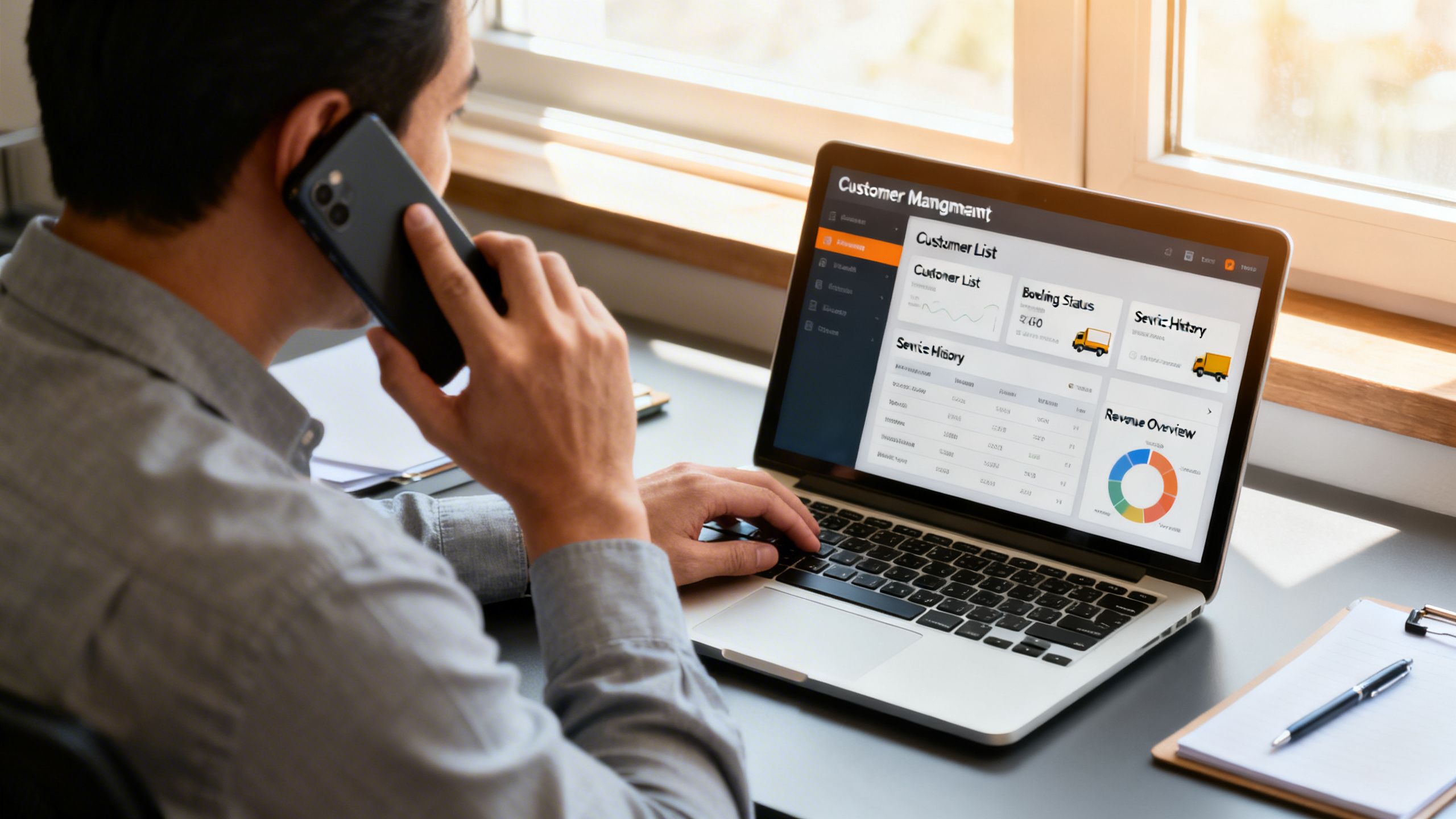 A moving company manager on a phone call, looking at a laptop displaying a customer management dashboard, illustrating the core function of a moving company crm.