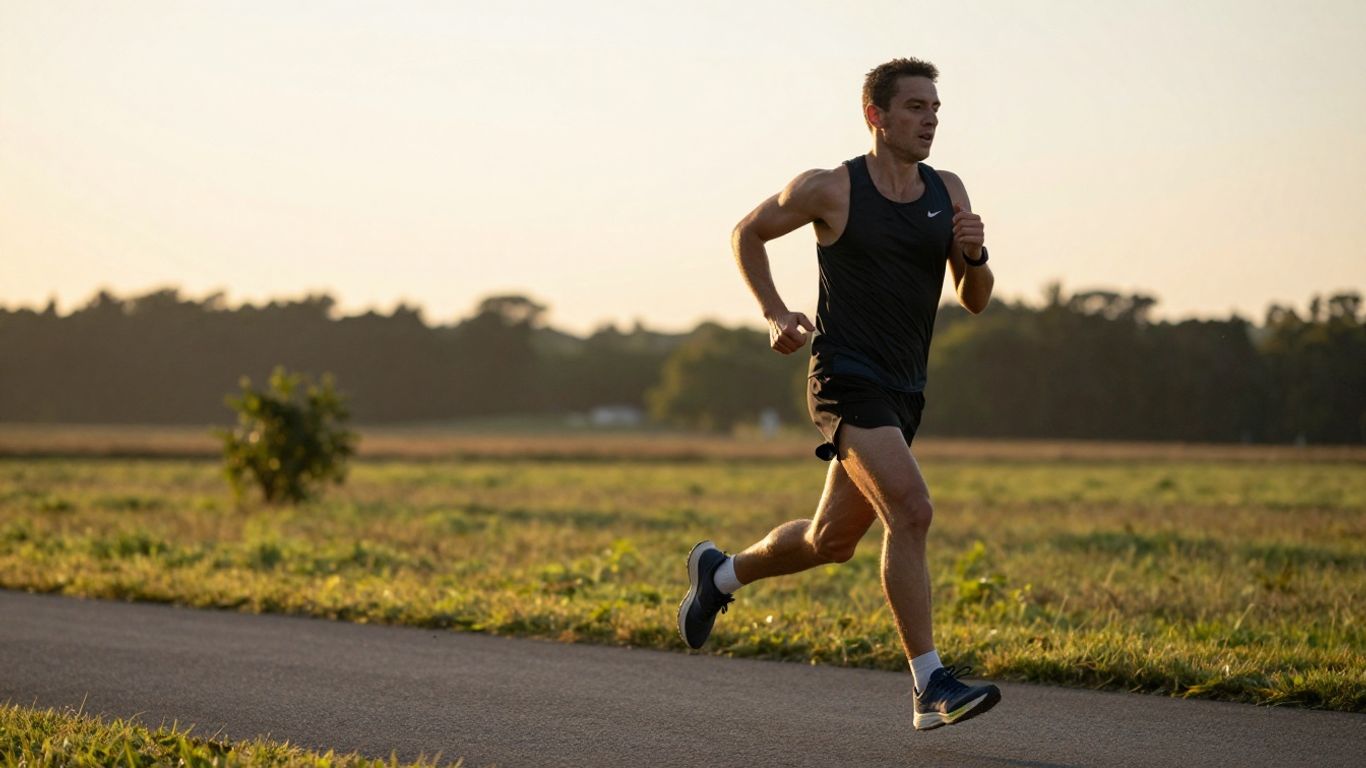 Runner training for a half marathon on a scenic path.