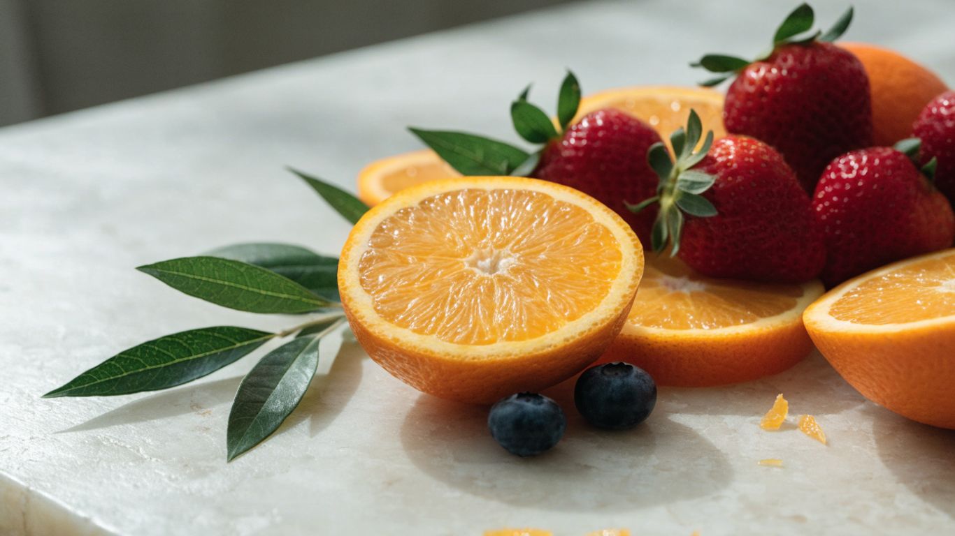 Citrus, berries, and greens arranged on a bright table