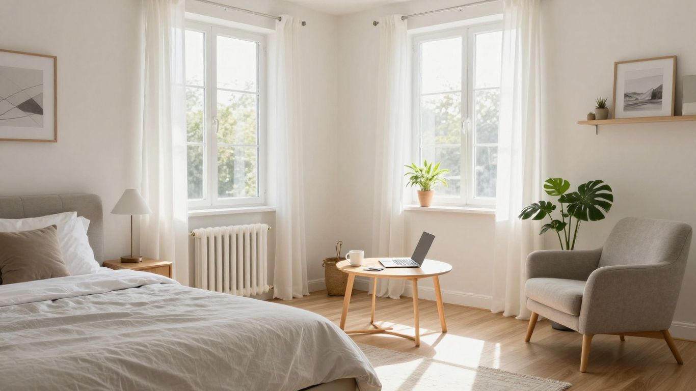 Modern Airbnb living space with a bed and workspace.