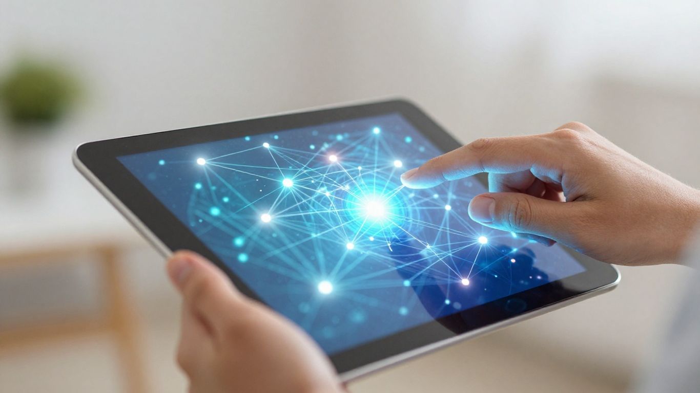 Hands interacting with a glowing data visualization on a tablet.