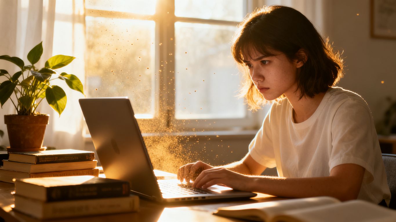Woman overcoming imposter syndrome in online courses.