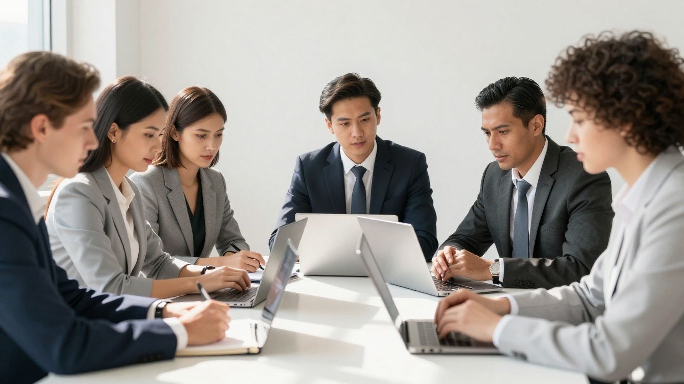 Business professionals collaborating in a bright, modern office.