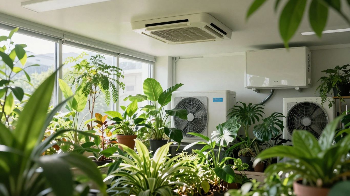 Indoor garden with plants and HVAC system.