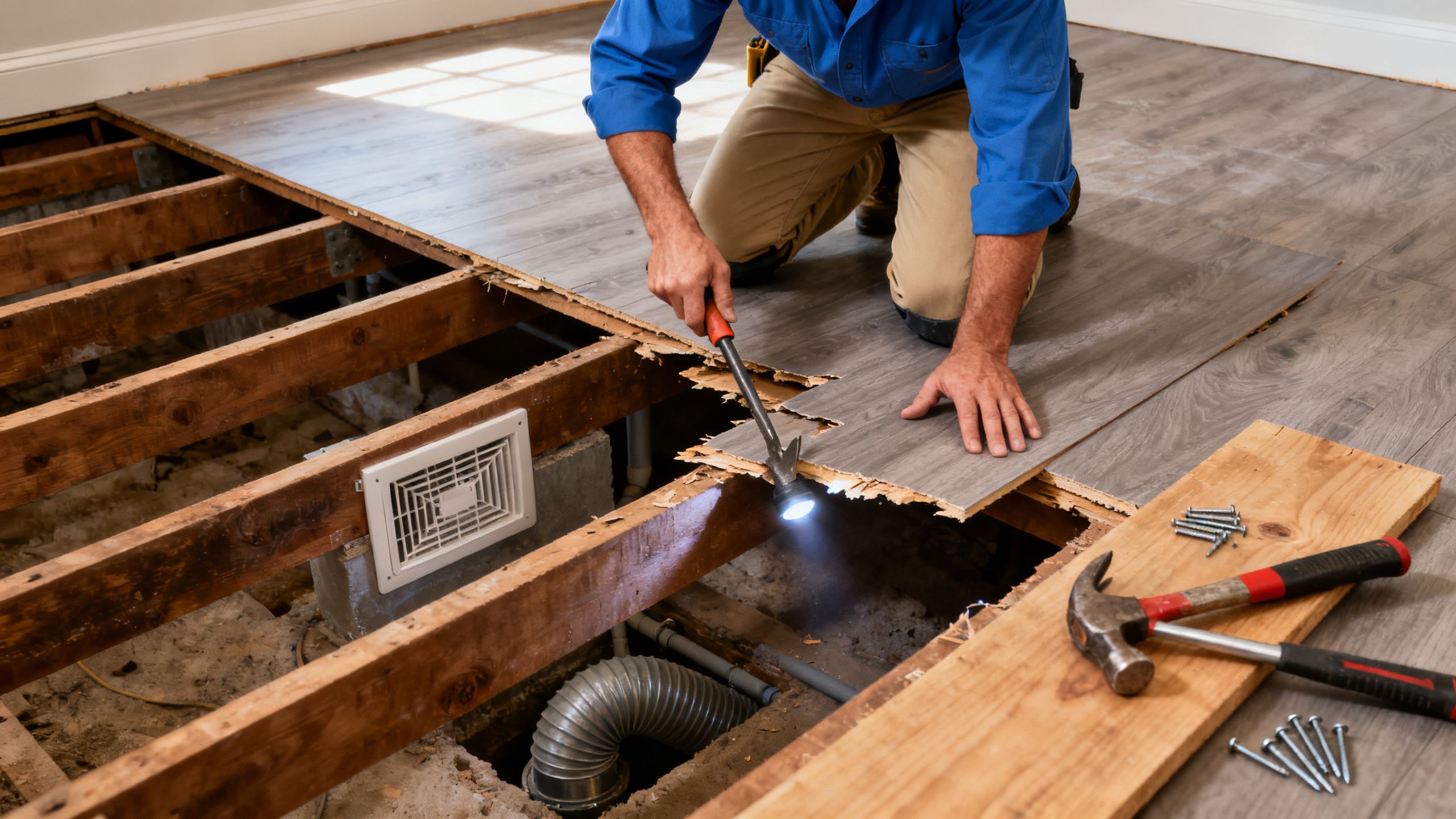 Flooring installer replacing damaged subfloor boards and checking ventilation beneath a suspended timber floor