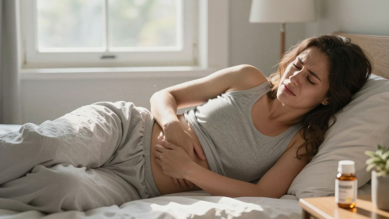 Femme souffrant de douleurs abdominales, lumière du soleil, supplément de vitamine D.