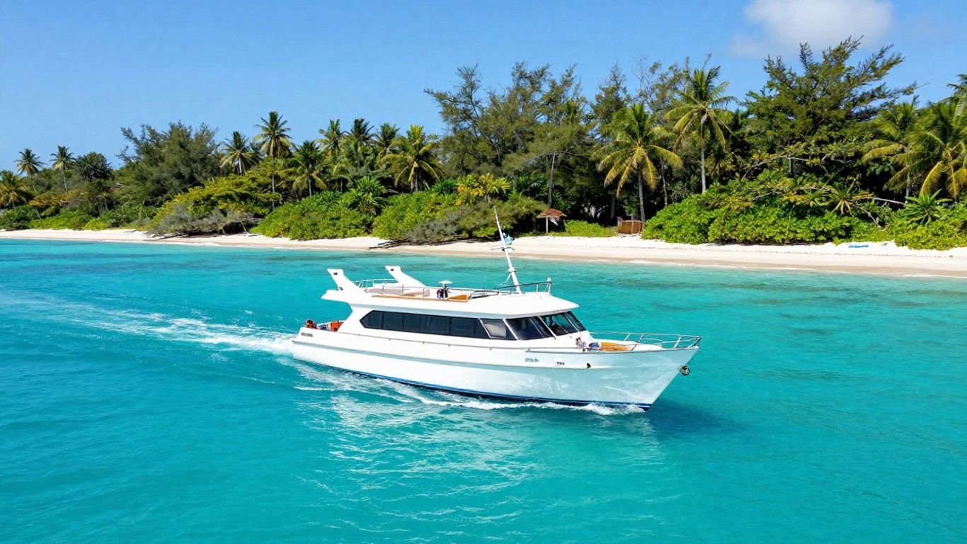 Charter boat sailing turquoise waters near Belize islands.