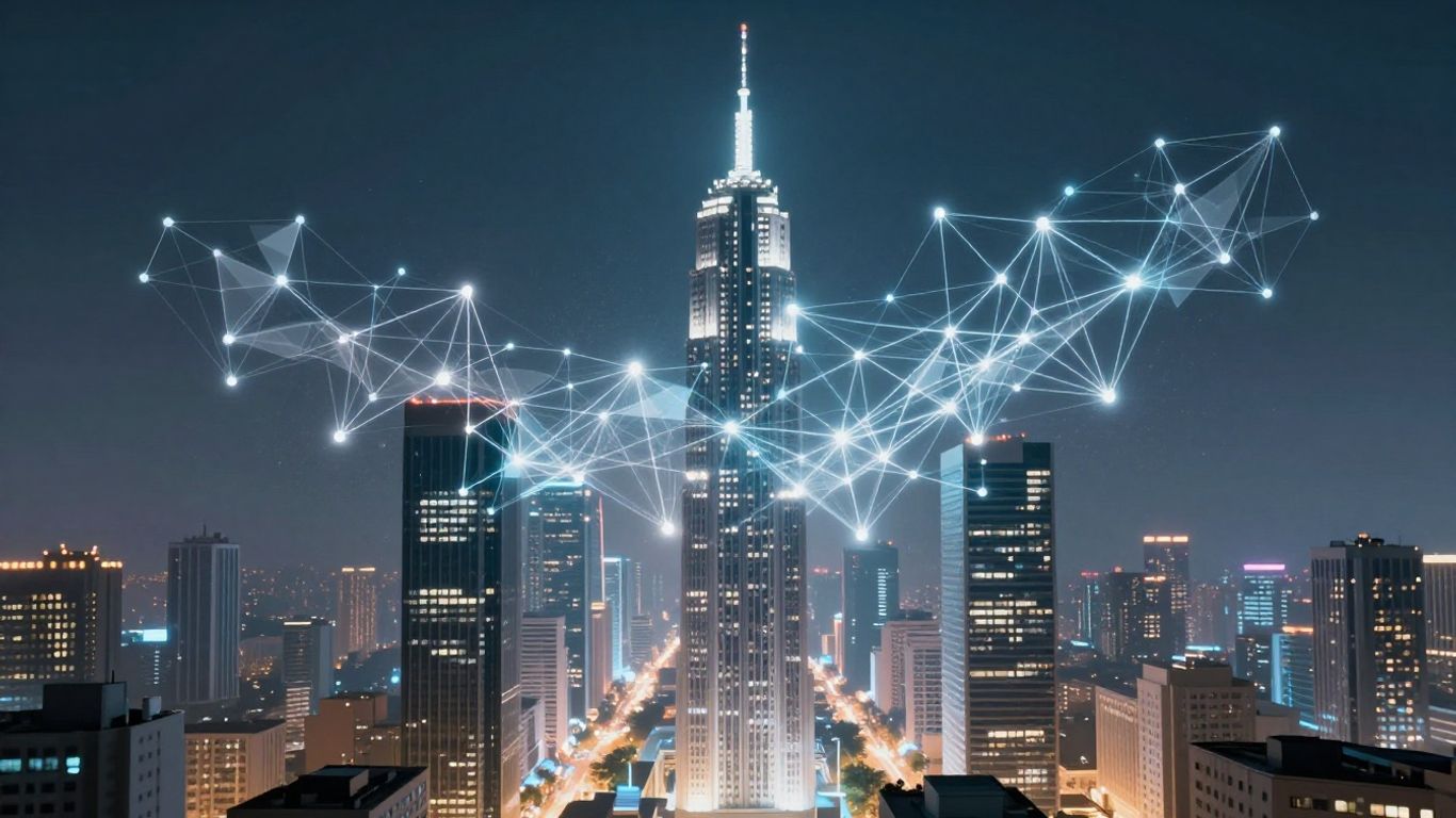Futuristic cityscape with glowing digital connections and abstract network shapes.
