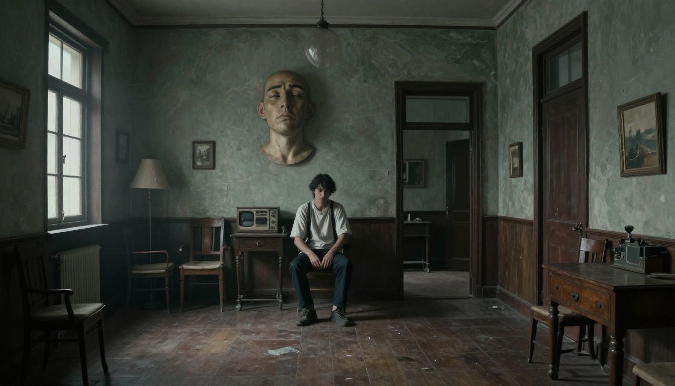 Pintura surrealista em uma mansão escura, com um retrato distorcido, corredores que se transformam e uma atmosfera de confusão psicológica