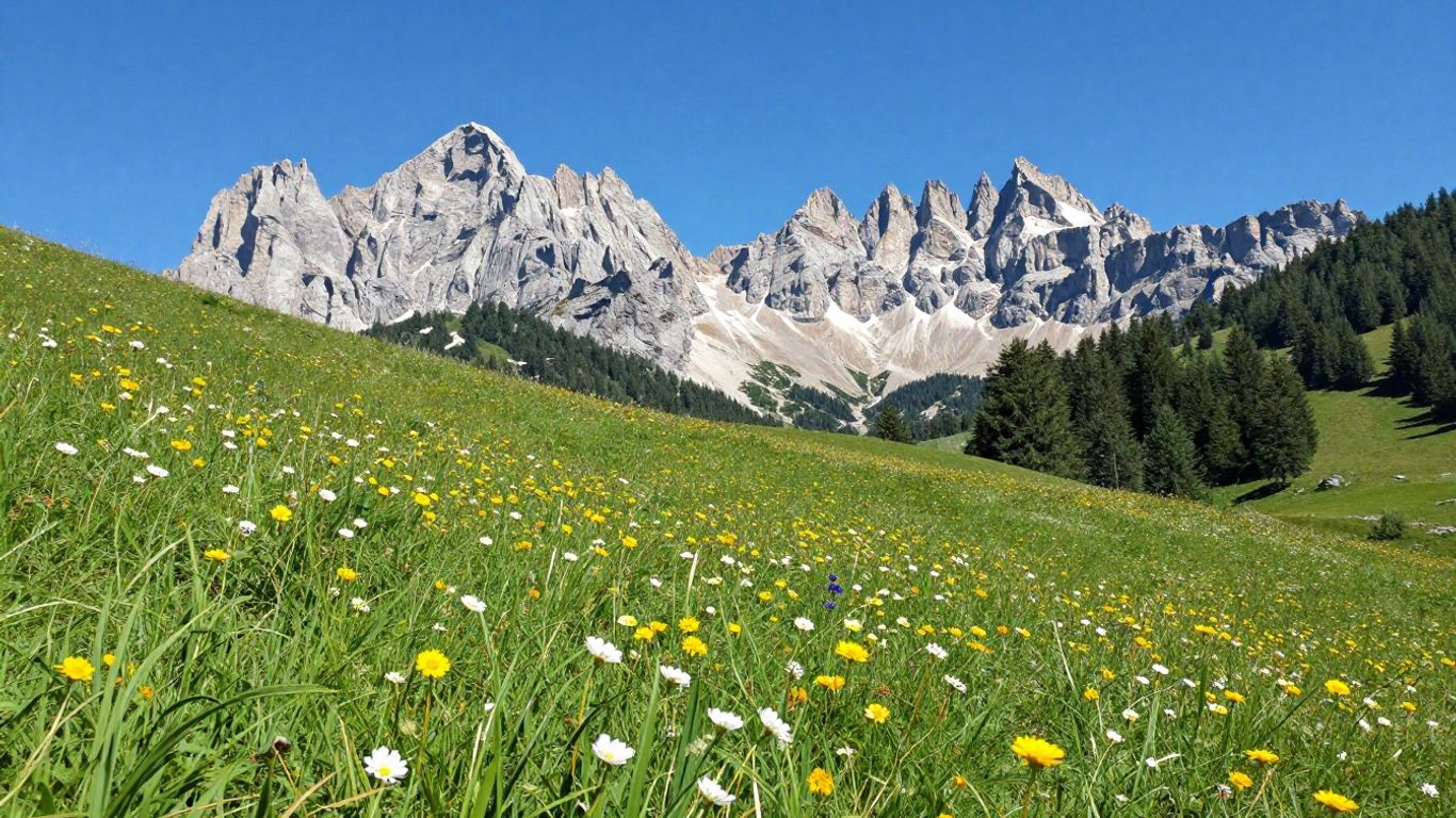 Sun-drenched alpine meadow and distant peak