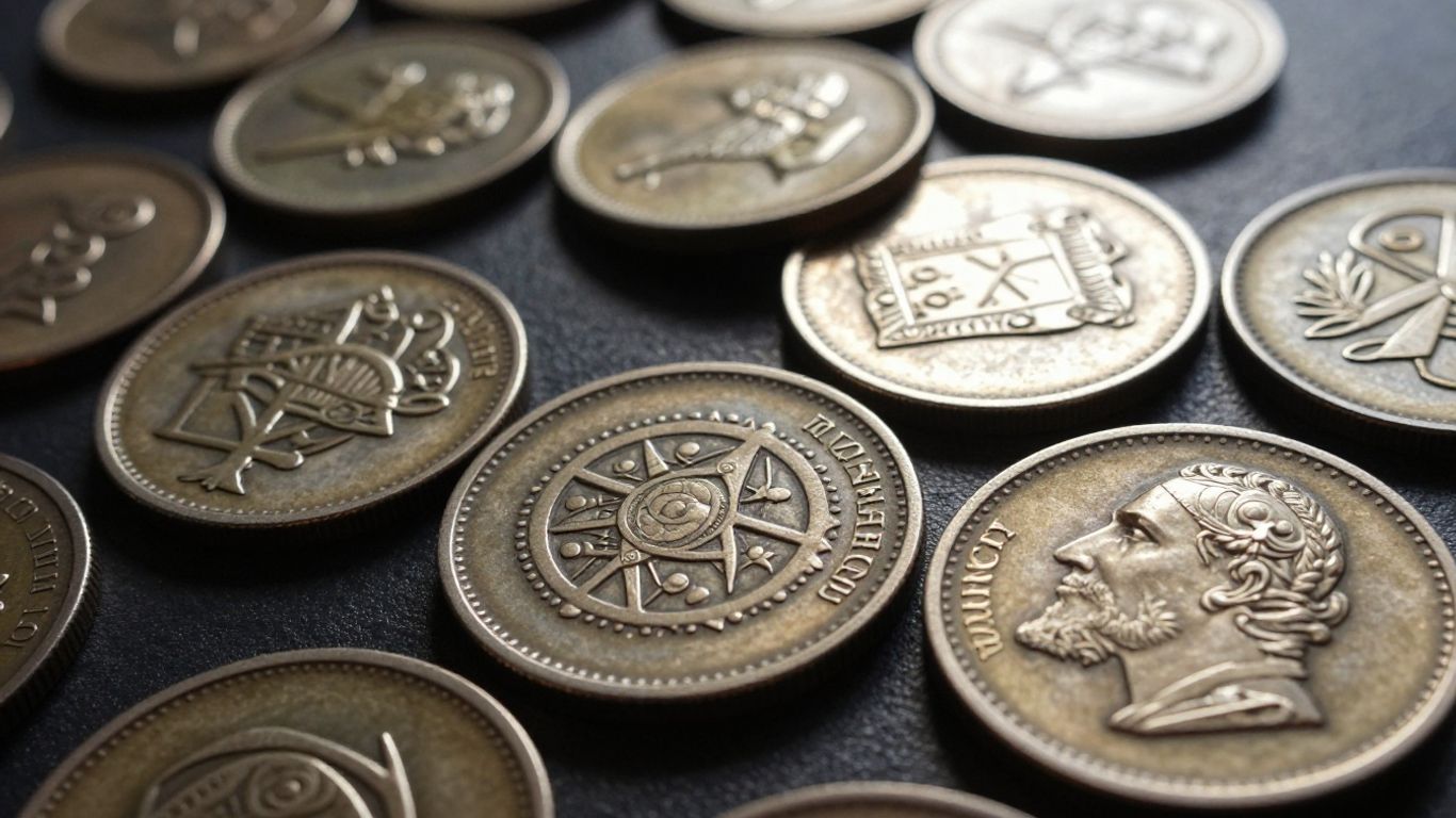 Fantasy coins with intricate designs and metallic sheens.