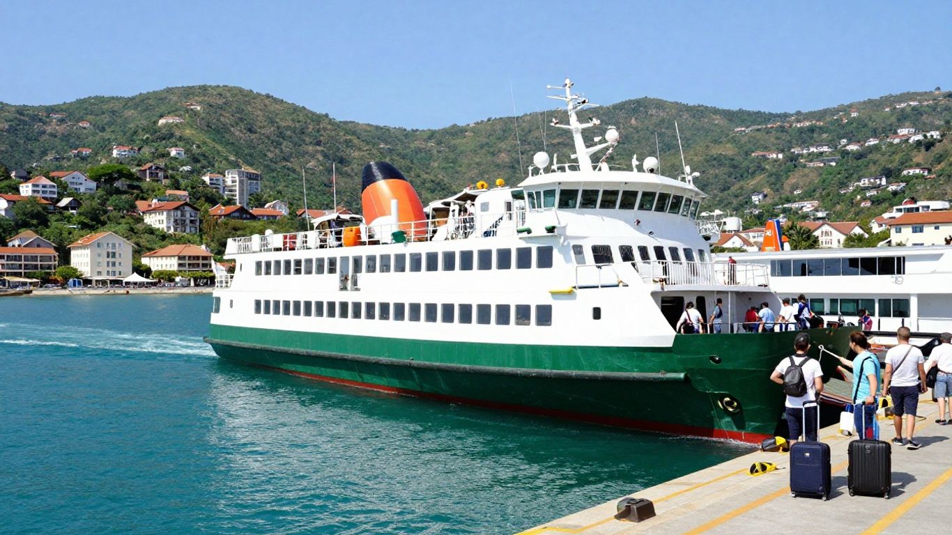 Ferry docked at a sunny harbour, ready for passengers.