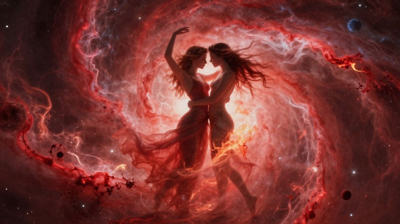 Cosmic dance of Venus and Mars, celestial attraction.