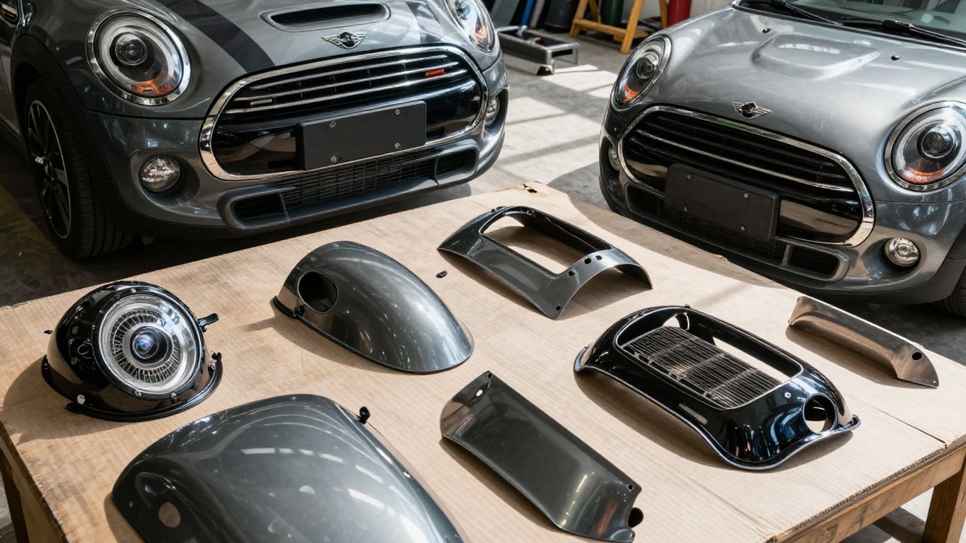 Mini Cooper car parts laid out