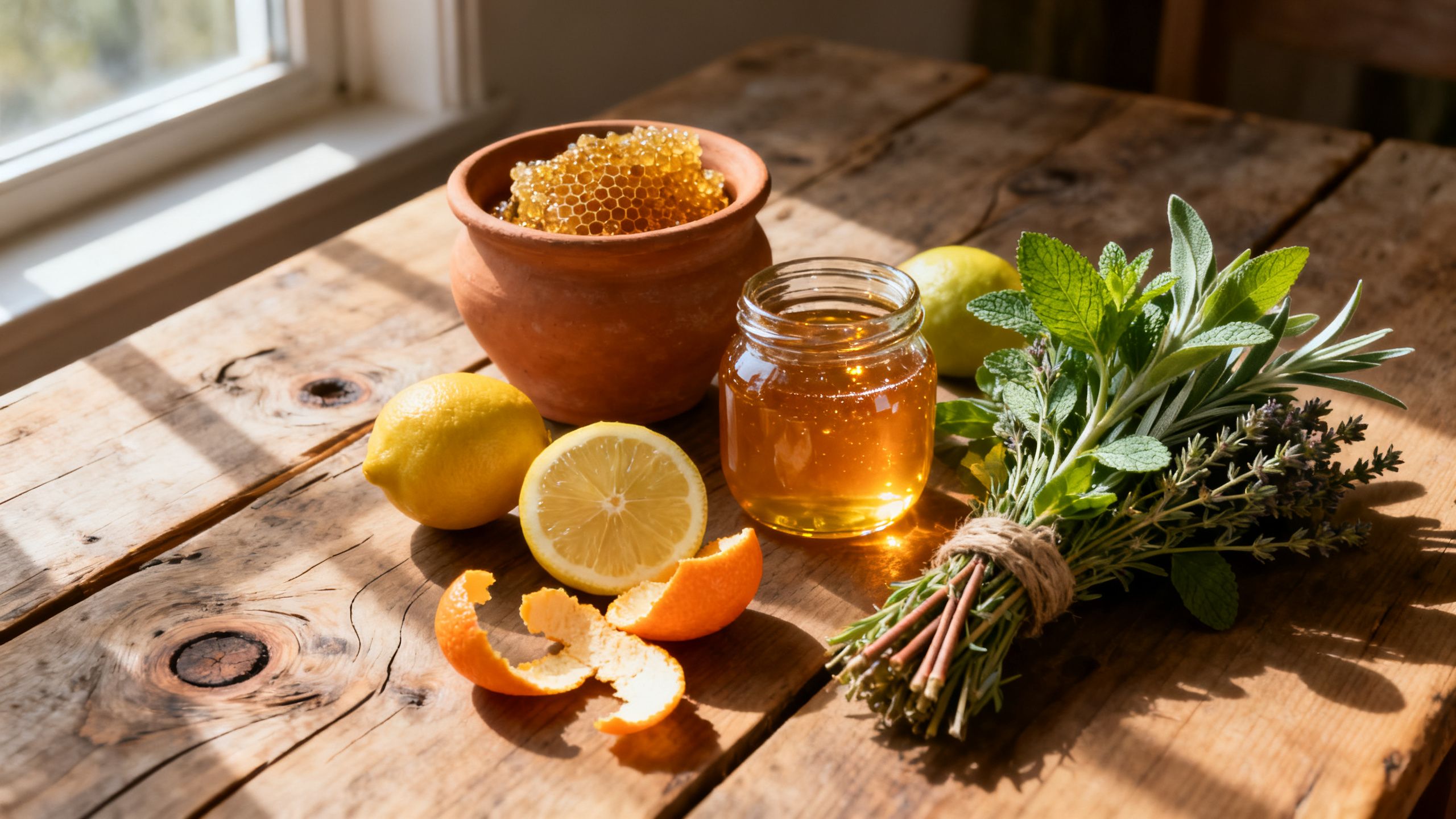 Un assortiment d'ingrédients naturels sur une table en bois : propolis, miel, plantes médicinales et agrumes, évoquant la puissance de la nature pour le système immunitaire.