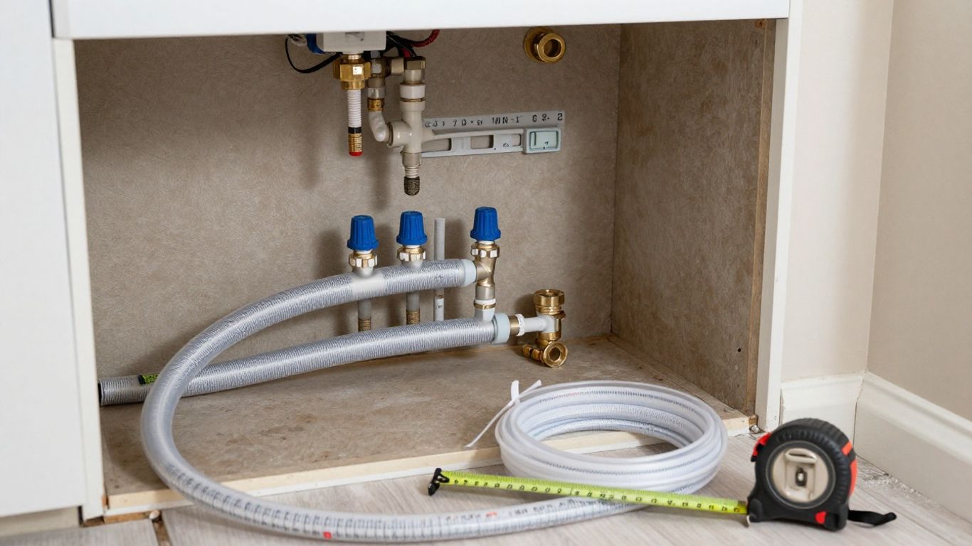 Contractor measuring PEX pipe routes in a residential utility room