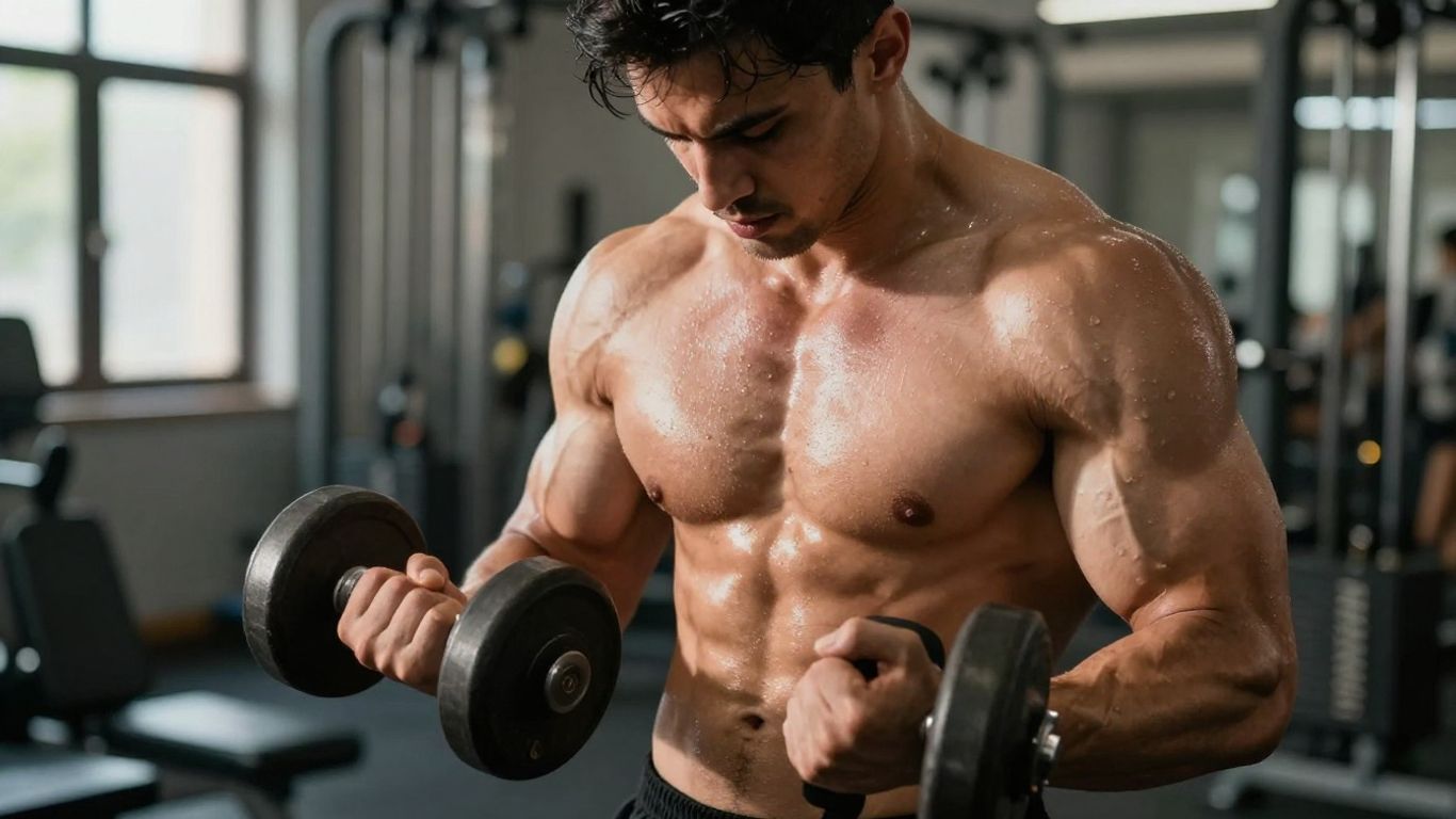 Muscular man flexing with dumbbell in gym