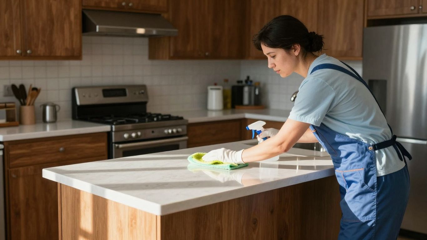 Cleaner preparing a spotless kitchen for move-out.