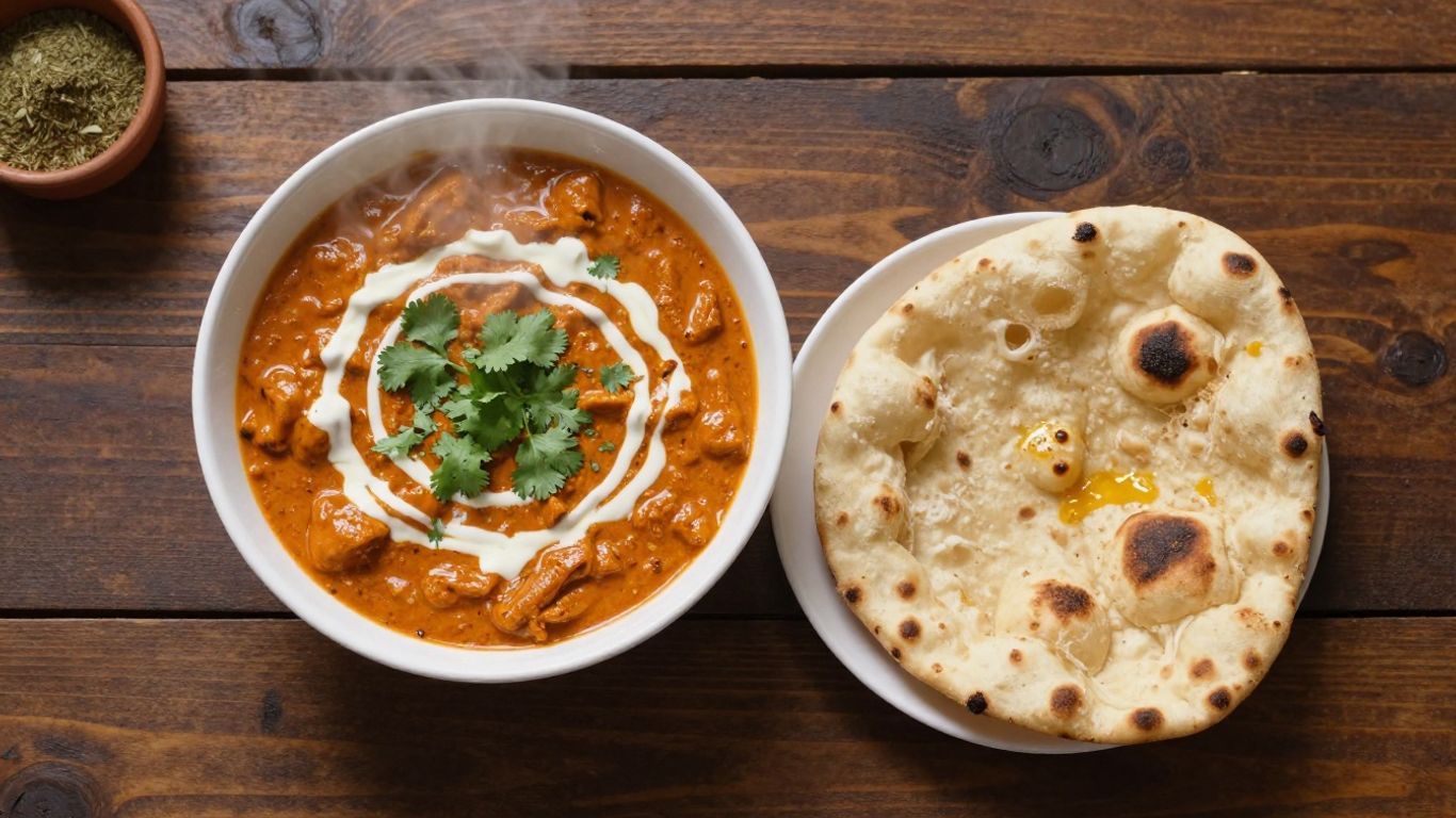 Delicious butter chicken with naan bread on a wooden table.