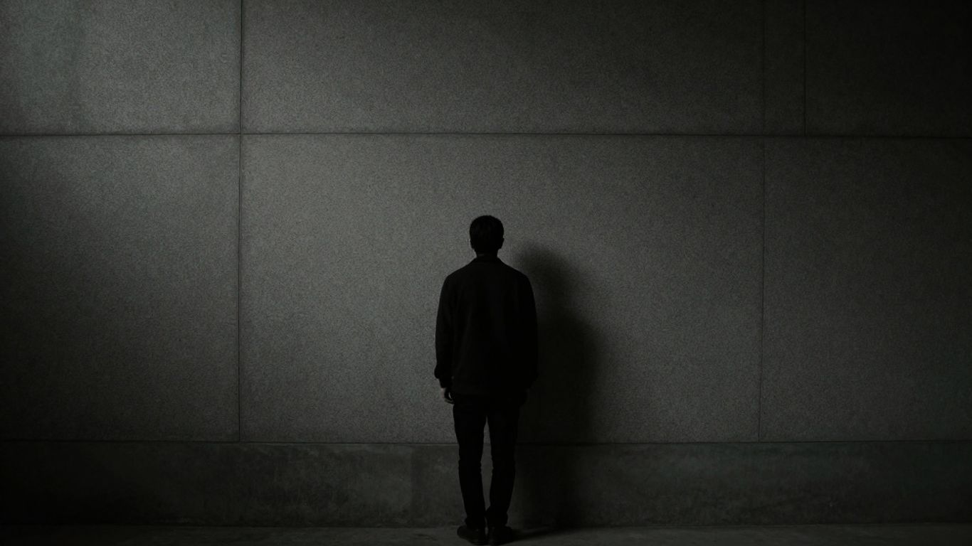 Detention facility with a lone figure.