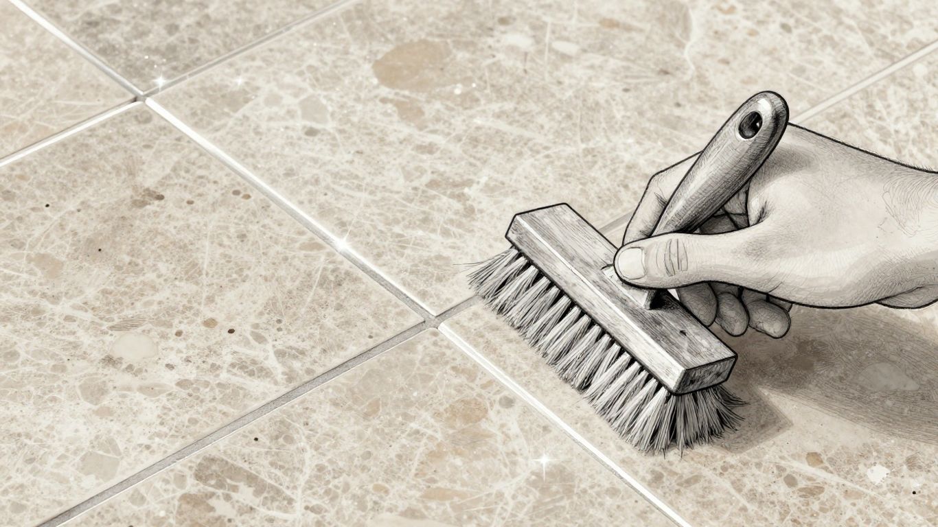 Boceto de limpieza de juntas de travertino con un cepillo.
