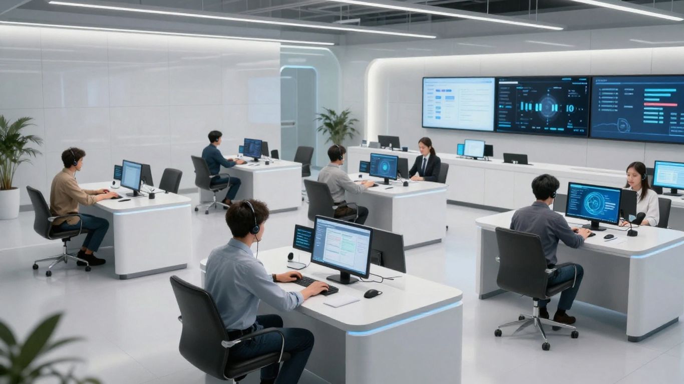 Futuristic customer support agents using advanced technology for fast service.