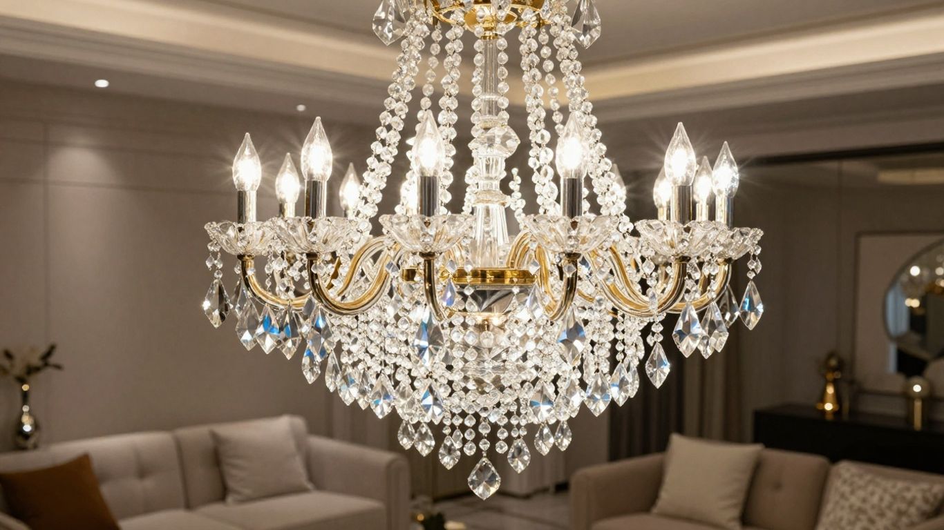 Elegant crystal chandelier in a living room.