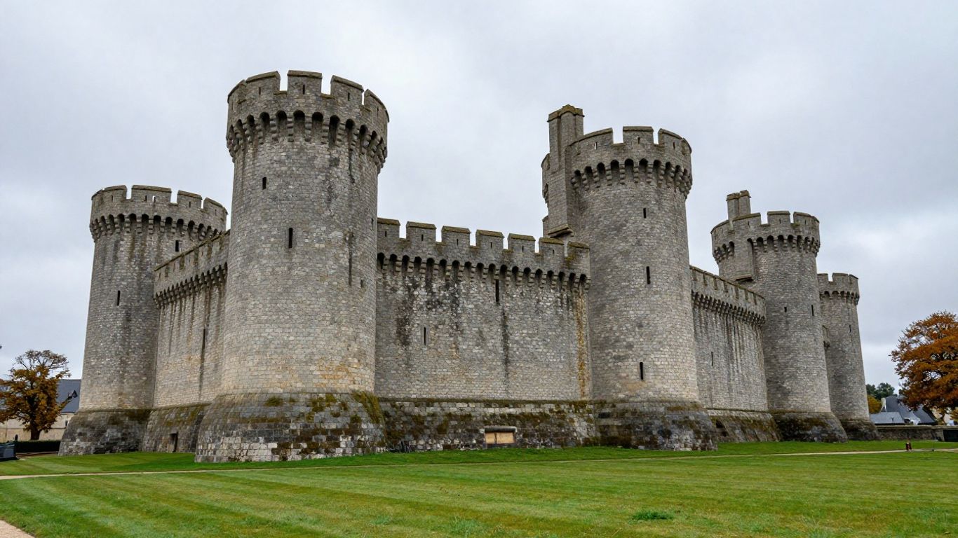 Stone towers of Fougères château beneath cloudy skies