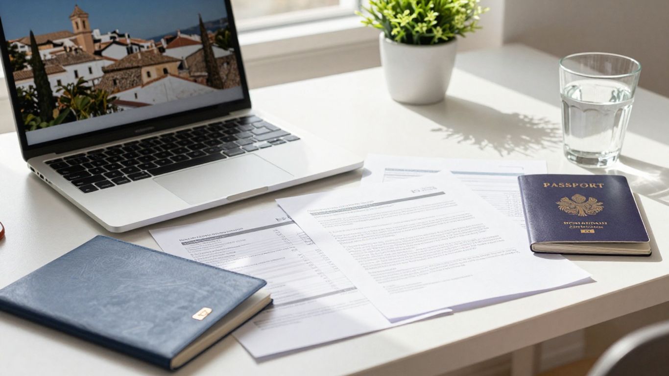 Laptop and organized visa paperwork in Spain