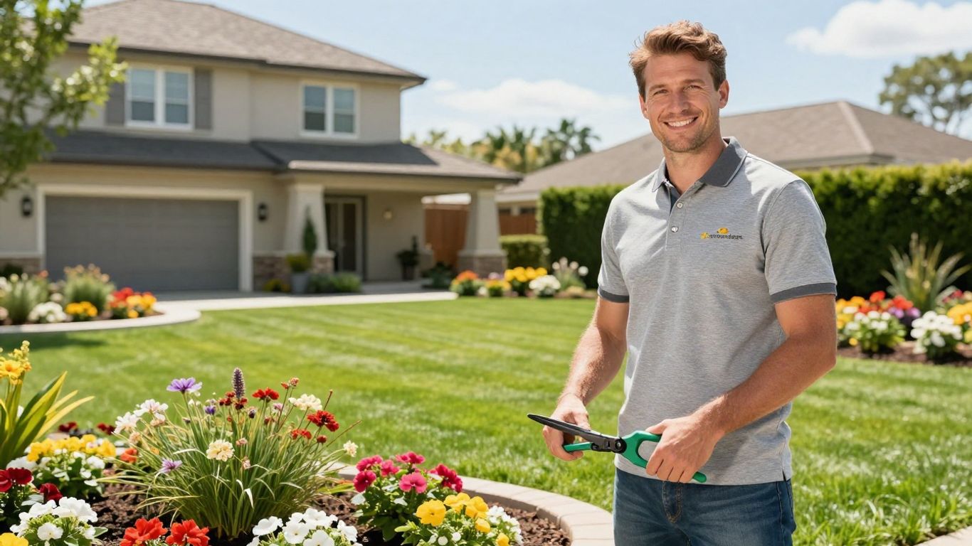 Landscaper with tools in a beautiful garden.