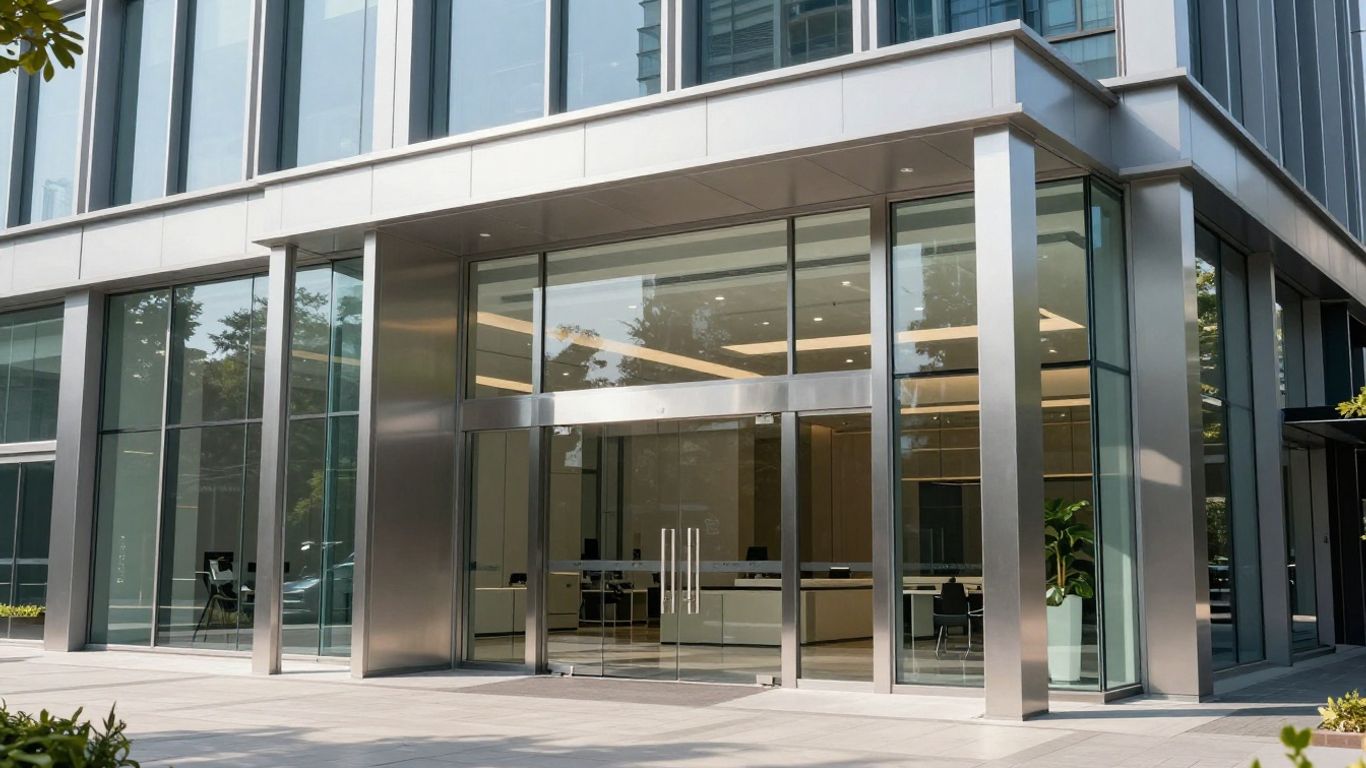 Modern office entrance with aluminium frames and glass.