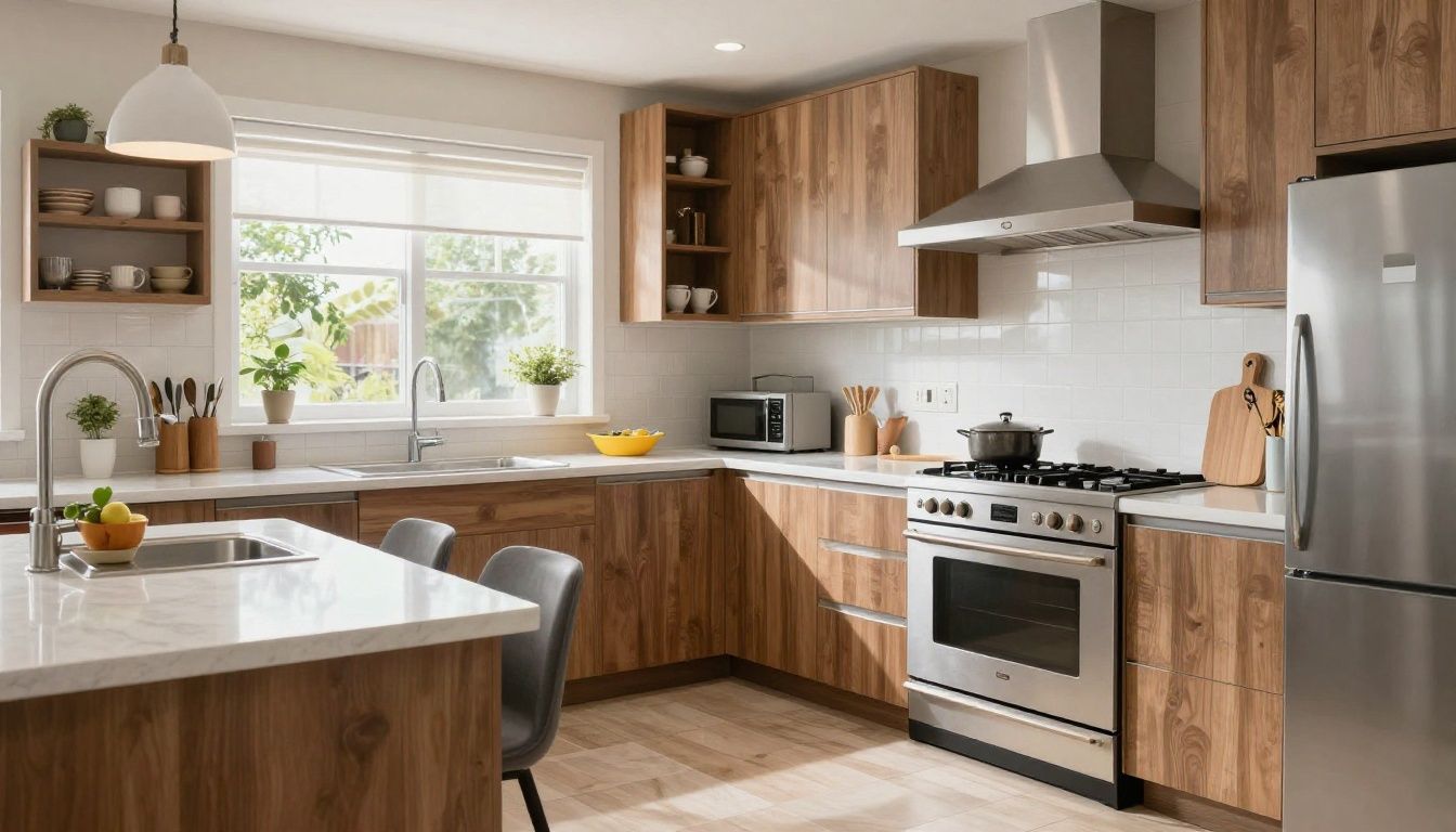 A clean and organized kitchen in a suburban home reflecting the meticulous detail of a professional cleaning service