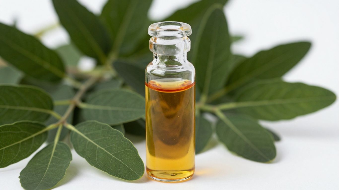 Patchouli leaves and essential oil vial